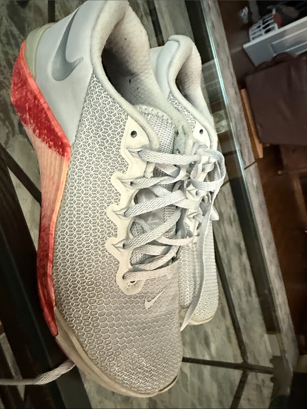 Nike Women's Light Gray Mesh Running Shoes with Coral Accent metcon
